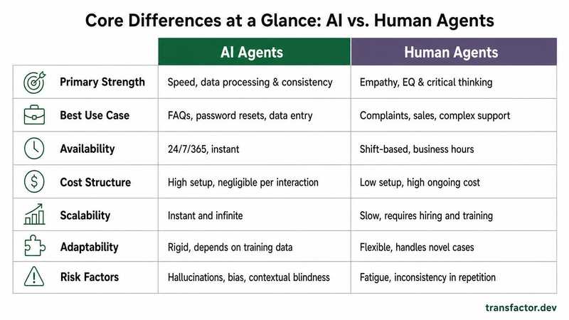 Core Differences at a Glance: AI vs. Human Agents