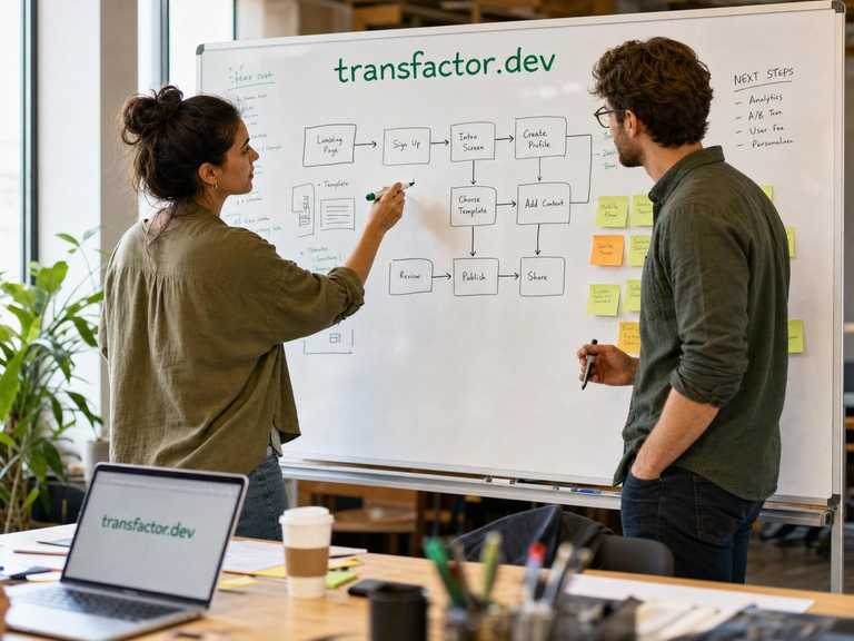 Two founders working through a product idea at a whiteboard