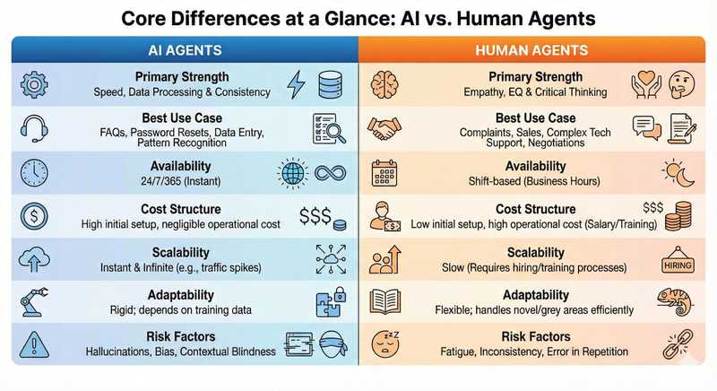 Core Differences at a Glance: AI vs. Human Agents